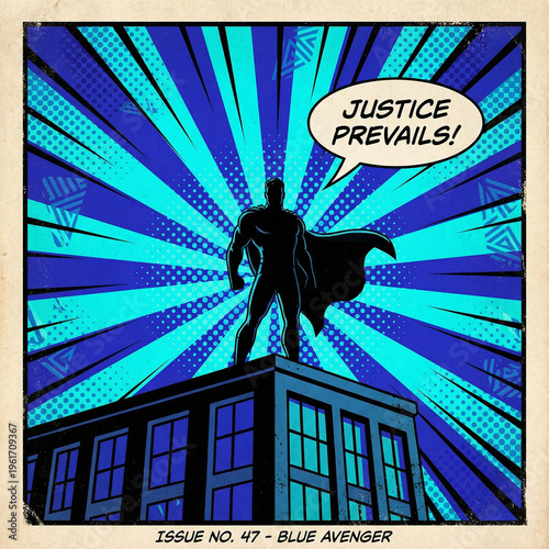 A silhouette of a heroic figure standing in front of a vibrant blue sunburst comic pattern copy