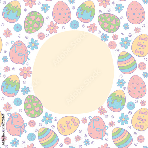 Vector abstract frame, border from colorful ornamental easter eggs, flowers, points, spots, stains. Simple spring holiday background, decoration in doodle style, hand drawn