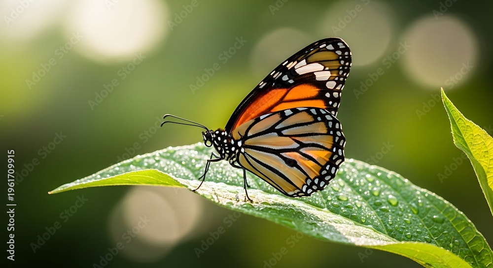 Fototapeta premium Monarch butterfly resting on green leaf in natural sunlight outdoor close-up