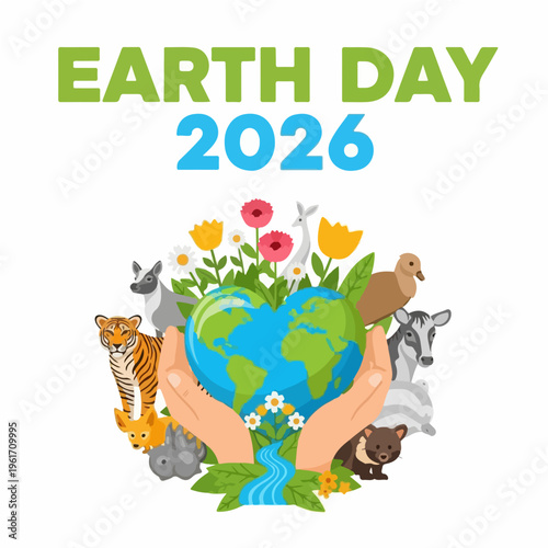 Earth Day 2026 Vector Poster Environmental Celebration Flat Illustration with Fresh Green and Sky Blue