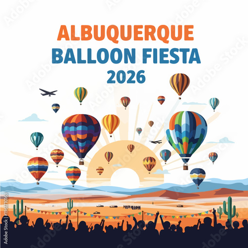 Albuquerque Balloon Fiesta 2026 Vector Poster Hot Air Balloon Festival Flat Illustration with Sunrise Orange and Sky Blue
