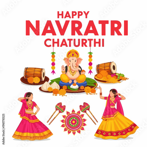 Happy Navratri Vector Poster – Hindu Festival Celebration – Flat Illustration with Vibrant Colors