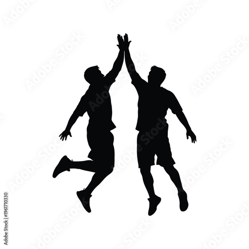 High Five Vector Silhouette of Two Jumping Men Celebrating Teamwork Success Isolated