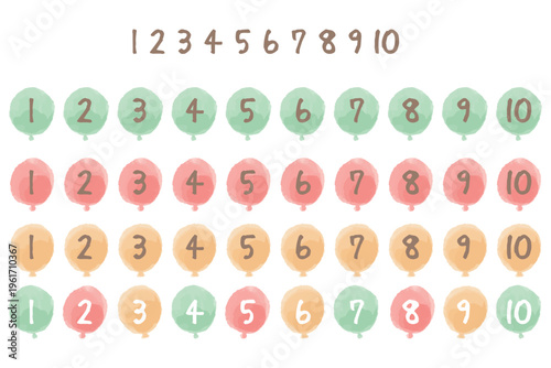 水彩のぬくもりシリーズ 幼稚園・保育園向け 風船の数字アイコン 3色セット 1-10