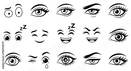 Eyes cartoon set with various expressions and emotions, black and white line art featuring illustration, emoticons, facial features with smiling and