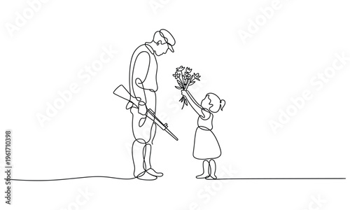 Soldier Receiving Flowers From Child One Line Drawing