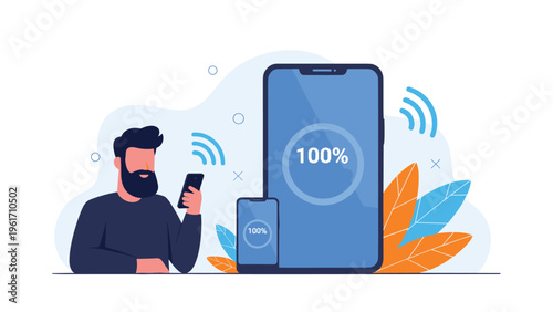 Digital synchronization and fast charging concept showing a man with his smartphone next to a large device at one hundred percent.