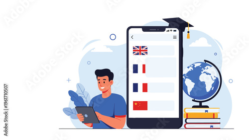 Young man using his digital tablet to learn different languages on a mobile application with various national flags and icons.