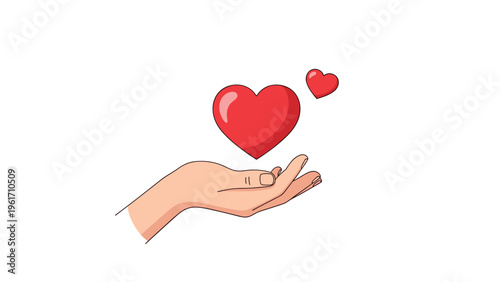Human hand reaching up towards two floating red hearts symbolizing love, kindness, charity, and emotional support for others.