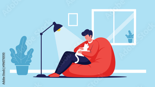 Young man relaxing in a comfortable red beanbag chair while lovingly cuddling with his white cat in a bright and cozy room.