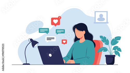 Young woman sitting at her desk using a laptop with multiple social media notification bubbles for hearts, messages, and chats.