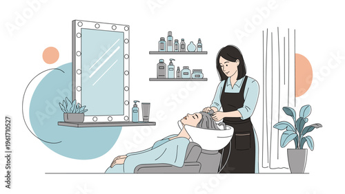 Professional female hairstylist washing a woman's hair in a salon sink before a new haircut or styling service for a client.