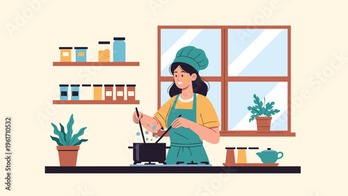 Happy woman wearing a chef hat and apron cooking a healthy meal in a bright and organized modern kitchen with various spices.