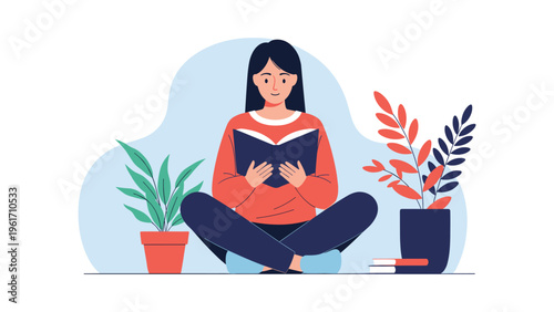 Young woman sitting cross-legged on the floor and focused on reading an interesting book between two indoor potted plants.