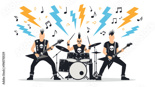 Professional heavy metal punk rock band with mohawks and skull shirts performs live on stage with lightning and musical notes.