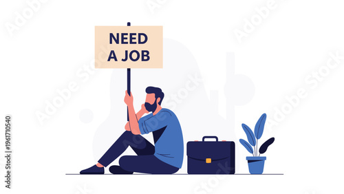 Unemployed man sitting on the floor with a briefcase holding a sign asking for a new job in a minimalist indoor setting.