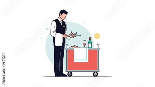 Professional waiter in a formal uniform serving gourmet food and wine from a room service trolley in a luxury hotel setting.