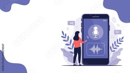 Woman using a mobile application for voice recording and audio podcasting on a giant smartphone screen with plant accents.