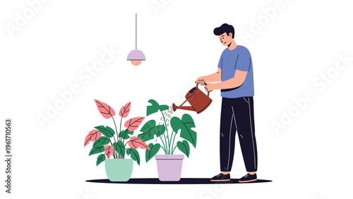 Young man taking care of indoor greenery by watering potted plants with a watering can in a bright home environment.