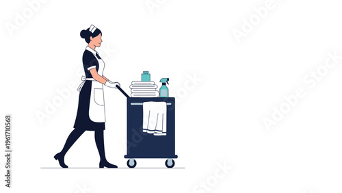 Diligent hotel maid in a traditional uniform pushing a cleaning cart filled with fresh towels and sanitation supplies.