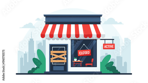 Small retail shop with a red striped awning showing a closed sign and boarded-up doors in a city skyline background.