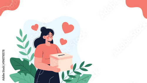 Kind woman holding a cardboard donation box for charity and social support surrounded by floating hearts and green leaves.