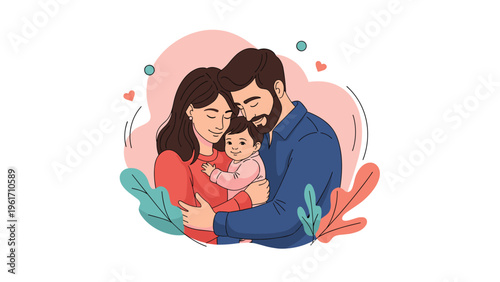 Happy young parents embracing their baby daughter in a warm and loving family hug surrounded by decorative leaves and hearts.
