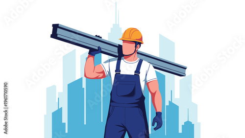 Strong construction worker in blue overalls and a hard hat carrying a heavy steel beam against a city skyline background.