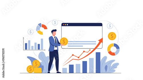 Successful businessman analyzing financial growth and profit charts with gold coins and data visualization on a web dashboard.