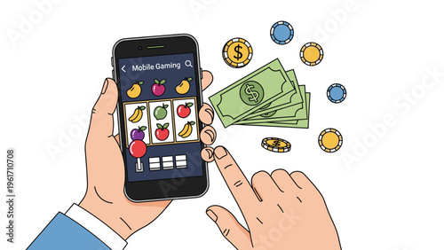 Close up of hands playing a colorful mobile slot machine game on a smartphone with falling coins and cash prizes.