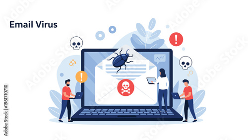 Team of IT security experts working to remove an email virus and malware from a laptop with warning icons and bugs.