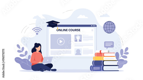 Dedicated student taking an online course on a laptop with digital study materials and a graduation cap symbol.