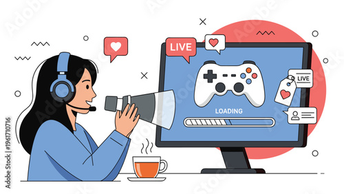 Young female gamer streaming her video game session live with a headset and megaphone for her online audience.