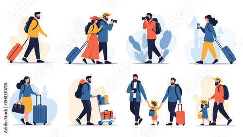 Diverse group of travelers with suitcases and backpacks portrays tourism, vacation planning, and international travel services.