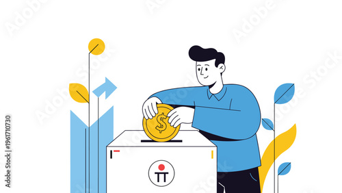 Smiling man putting a gold coin into a donation box signifies charity, philanthropy, and social responsibility concepts in society.