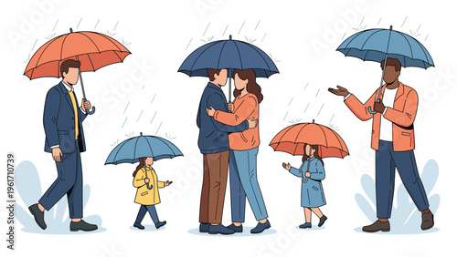 People and children walking with colorful umbrellas in the rain represents weather conditions, outdoor protection, and city life.