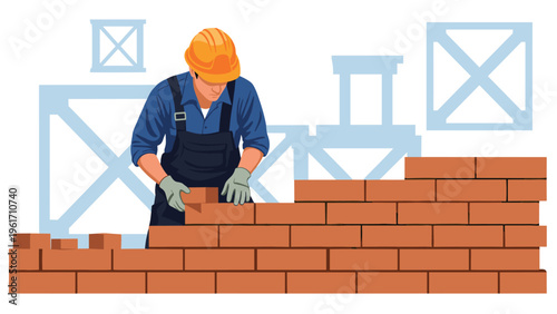 Professional bricklayer in work clothes and a hard hat building a wall signifies construction industry and manual labor expertise.