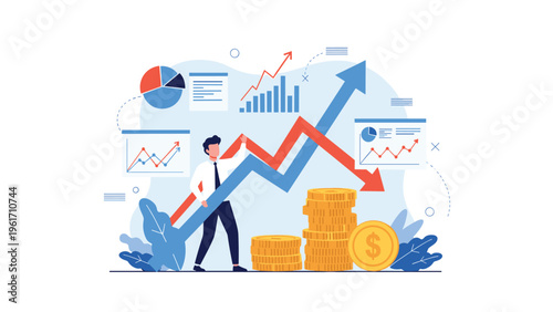 Professional analyst monitoring financial growth and market trends with arrows and coins shows economic success and data reporting.