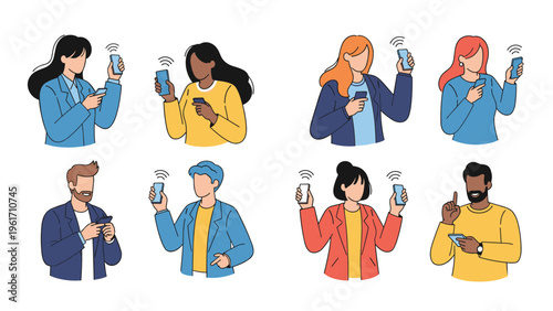 Diverse set of people using mobile phones for wireless communication represents social media and modern global connectivity.