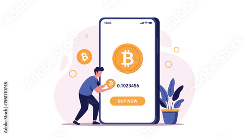 Young man interacting with a large smartphone displaying bitcoin and a buy button shows cryptocurrency investment and trading.