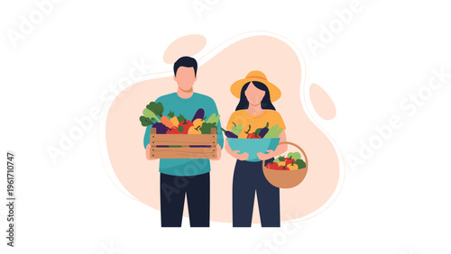 Couple of farmers holding baskets and crates full of fresh vegetables illustrates organic farming and healthy seasonal harvest.