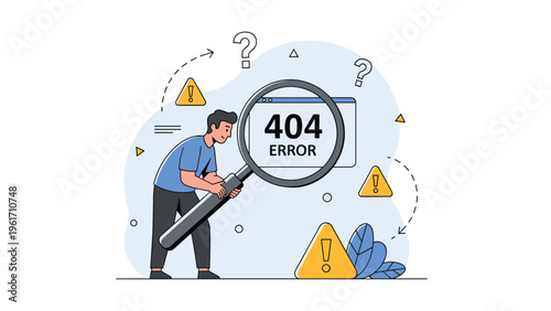 Person looking through a magnifying glass at a 404 error page represents website troubleshooting and technical support issues.