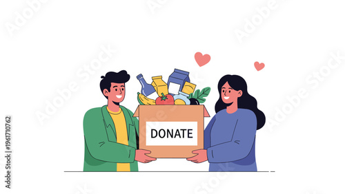Man and woman holding a donation box filled with groceries signifies community support and helping those in need with kindness.