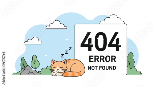 Sleeping cat next to a 404 error page sign in a natural setting represents website downtime and technical maintenance periods.