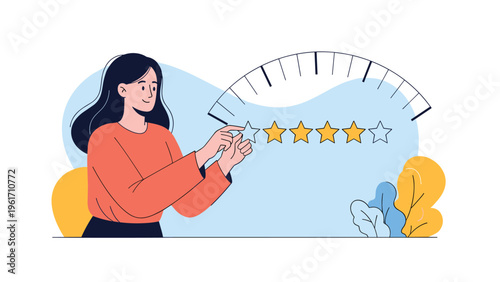 Woman interacting with a 5 star rating scale shows customer satisfaction, feedback, and service quality evaluation by users.