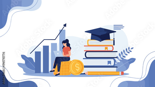Student sitting on coins next to a stack of books and a graduation cap illustrates educational savings and finance planning.