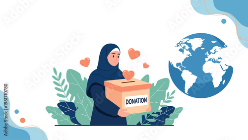 Muslim woman in a hijab holding a donation box with a globe backdrop represents international charity and altruism for peace.