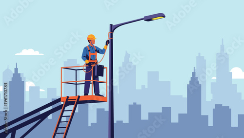 Electrician in a bucket truck lift repairing a street light against a city background shows urban maintenance and repair work.