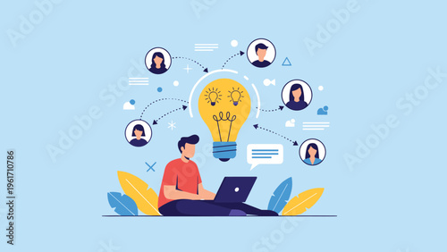 Man working on a laptop with a giant light bulb and connected people icons illustrates teamwork and creative ideas for business.