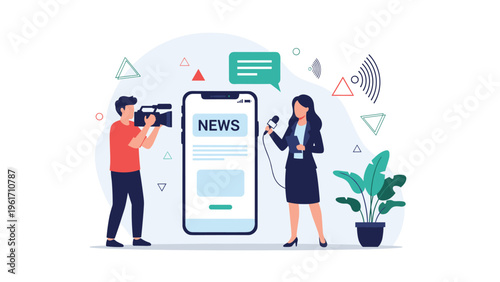 News reporter being filmed by a cameraman next to a large smartphone showing headlines illustrates digital journalism concepts.